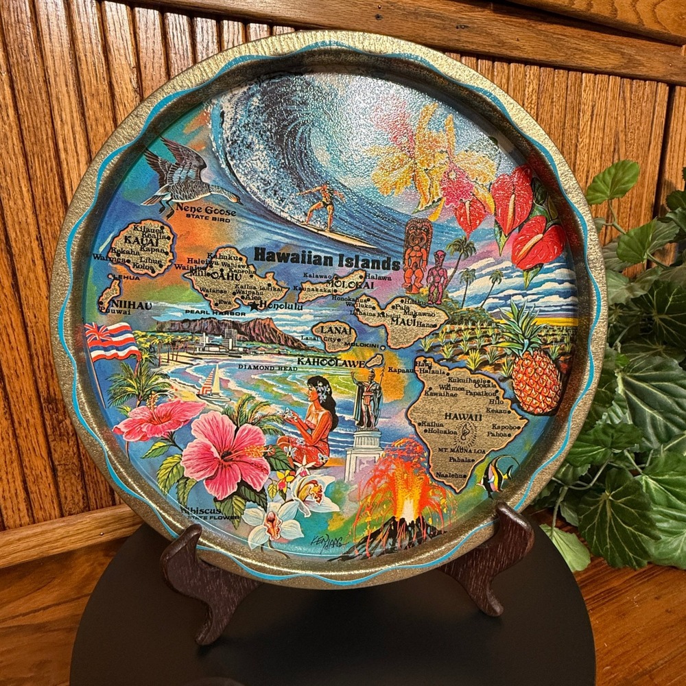 Souvenir Tray 11in Multicolor Excellent Hawaiian Islands Map